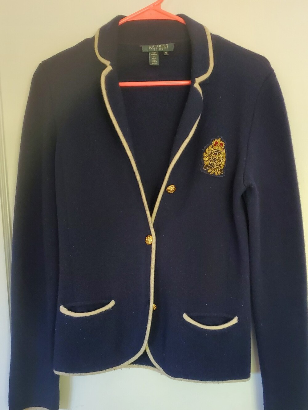 Ralph Lauren Navy Cardigan Blazer with Cream Trim and Gold Crest